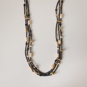 Vintage Black Glass Bone Gold Beaded Tribal Ethnic Long Multi Strand Necklace